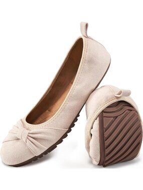 Women's Beige Ballet Flats Cushioned Foldable Slip On Work Comfort Dressy Shoes